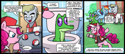 Size: 1500x656 | Tagged: safe, artist:madmax, gummy, pinkie pie, rainbow dash, earth pony, pegasus, pony, american idol, comic, crossover, female, male, mare, nintendo, pokemans pink, pokémon, ponified, professor oak, stallion, toilet