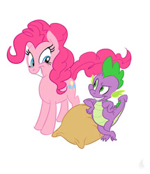 Size: 602x700 | Tagged: safe, artist:carnifex, pinkie pie, spike, dragon, earth pony, pony, female, grin, male, mare, sack, simple background, smiling, white background