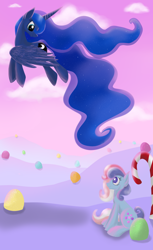 Size: 1100x1800 | Tagged: safe, artist:tinyfeather, princess luna, sweet stuff, alicorn, pony, g1, dream walker luna, g1 to g4, generation leap