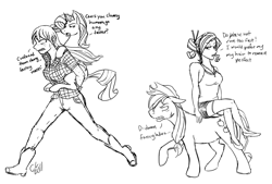 Size: 1700x1149 | Tagged: safe, artist:cartoonlion, applejack, rarity, pony, human ponidox, humanized, monochrome, riding