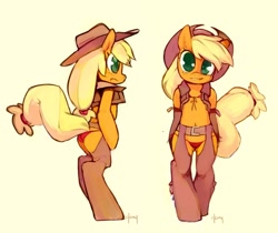 Size: 800x672 | Tagged: safe, artist:doxy, applejack, earth pony, pony, semi-anthro, belly button, bipedal, chaps, clothes, cowboy hat, female, hat, looking at you, panties, red underwear, simple background, smiling, solo, underwear