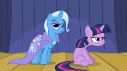 Size: 1024x576 | Tagged: safe, derpibooru import, edit, edited screencap, screencap, trixie, twilight sparkle, grumpy twilight, twilight is not amused, unamused