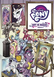 Size: 1200x1690 | Tagged: safe, artist:andypriceart, derpibooru import, idw, angel bunny, apple bloom, applejack, bon bon, cheerilee, fluttershy, rainbow dash, rarity, scootaloo, sweetie belle, sweetie drops, trixie, twilight sparkle, twilight sparkle (alicorn), alicorn, earth pony, pegasus, pony, rabbit, unicorn, alicorn amulet, art, art is magic, art museum, beautiful, cape, clothes, cool, crystal, cutie mark crusaders, female, filly, fine art parody, fluttalisa, holding hooves, male, mare, mona lisa, museum, painting, pretty, secret agent sweetie drops, statue, stealing, wingding eyes