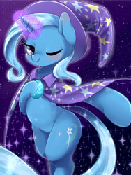 Size: 1200x1600 | Tagged: safe, artist:ayahana, derpibooru import, trixie, pony, unicorn, bipedal, blushing, cute, diatrixes, female, glowing horn, horn, magic, magic aura, mare, one eye closed, pixiv, solo, sparkles, wink