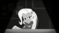 Size: 1280x720 | Tagged: safe, derpibooru import, screencap, trixie, better together, equestria girls, rarity investigates: the case of the bedazzled boot, black and white, confident, crossed arms, crossed legs, female, grayscale, monochrome, noir, rarity investigates (eqg): trixie, smiling, smirk, smug, solo