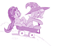 Size: 1000x764 | Tagged: safe, artist:dstears, derpibooru import, starlight glimmer, trixie, pony, unicorn, atg 2018, clothes, female, hat, mare, monochrome, newbie artist training grounds, smiling, this will end well, this will not end well, trixie's hat, wagon