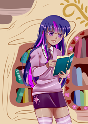 Size: 2893x4092 | Tagged: safe, artist:reaper145, twilight sparkle, human, book, bookshelf, clothes, golden oaks library, humanized, miniskirt, necktie, school uniform, schoolgirl, shirt, skirt, socks, solo, striped socks, sweater, thigh highs