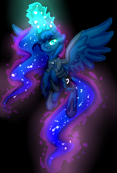 Size: 618x915 | Tagged: safe, artist:peaceouttopizza23, princess luna, alicorn, pony, armor, flying, magic, solo