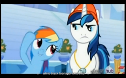 Size: 1024x640 | Tagged: safe, screencap, rainbow dash, shining armor, pegasus, pony, unicorn, games ponies play, youtube caption