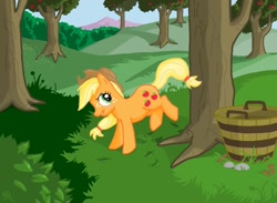 Size: 1080x790 | Tagged: safe, artist:sorcerushorserus, applejack, earth pony, pony, applebucking, orchard, solo, tree