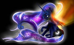 Size: 2022x1235 | Tagged: safe, artist:the-fox-lord, princess luna, alicorn, pony, crepuscular rays, frown, sitting, solo, sun