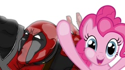 Size: 1366x768 | Tagged: artist needed, safe, pinkie pie, earth pony, pony, against glass, crossover, deadpool, duo, female, fourth wall, fourth wall pose, glass, hilarious in hindsight, mare, simple background, white background