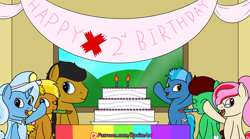 Size: 1800x1000 | Tagged: safe, artist:spritepony, derpibooru import, trixie, oc, oc:dark pony, oc:ice walker, oc:kaitie, oc:northern haste, oc:understudy, birthday, birthday cake, birthday party, cake, commission, food, group photo, party, party horn, patreon, patreon link, patreon logo, sprite's ponyville house, ych result