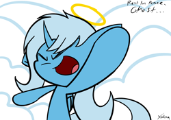 Size: 1024x717 | Tagged: safe, artist:xodiaq, derpibooru import, trixie, pony, unicorn, cloud, eyes closed, halo, open mouth, rest in peace, solo, stoned trixie, tribute