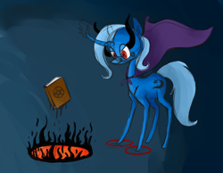 Size: 1280x995 | Tagged: safe, artist:jellybeanbullet, derpibooru import, trixie, pony, unicorn, book, female, glowing eyes, magic, mare, solo