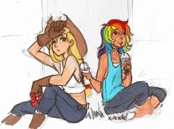 Size: 750x555 | Tagged: safe, artist:x-arielle, applejack, rainbow dash, human, applejack's hat, armpits, boots, breasts, clothes, cowboy boots, cowboy hat, delicious flat chest, drink, farmer's tan, female, gloves, hat, humanized, rainbow flat