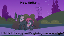 Size: 853x480 | Tagged: safe, edit, edited screencap, screencap, pinkie pie, spike, dragon, earth pony, pony, it's about time, caption, catsuit, duo, female, food, ice cream, image macro, male, mare, night