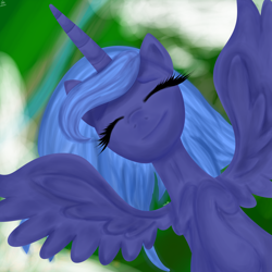 Size: 3000x3000 | Tagged: safe, artist:katkakakao, princess luna, alicorn, pony, eyes closed, on back, s1 luna, smiling, solo, spread wings