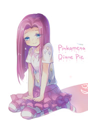 Size: 700x990 | Tagged: safe, artist:eminya, pinkie pie, human, clothes, female, humanized, miniskirt, missing shoes, pinkamena diane pie, pixiv, shirt, simple background, skirt, socks, solo, striped socks, thigh highs, white background