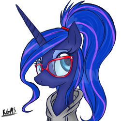 Size: 3000x3000 | Tagged: safe, artist:katkakakao, princess luna, alicorn, pony, alternate hairstyle, clothes, glasses, hoodie, ponytail, simple background, solo