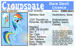 Size: 1013x638 | Tagged: artist needed, safe, rainbow dash, pegasus, pony, blue coat, blue wings, female, license, mare, multicolored mane, simple background, smiling, solo