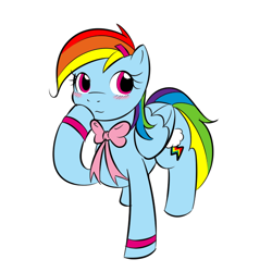 Size: 600x600 | Tagged: safe, artist:kloudmutt, rainbow dash, pegasus, pony, blushing, bow, female, rainbow dash always dresses in style, simple background, solo, sweatband, white background