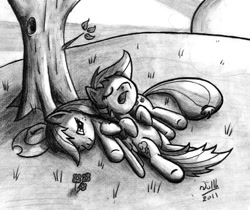 Size: 800x672 | Tagged: safe, artist:nullh, applejack, rainbow dash, earth pony, pegasus, pony, appledash, female, lesbian, mare, monochrome, on back, shipping