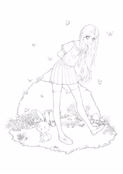 Size: 2480x3508 | Tagged: safe, artist:>ivi<, angel bunny, fluttershy, butterfly, human, bush, clothes, color me, flower, grass, humanized, miniskirt, monochrome, pixiv, sailor uniform, school uniform, schoolgirl, shirt, shoes, simple background, skirt, socks, solo, thigh highs