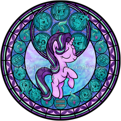 Size: 2110x2110 | Tagged: safe, artist:akili-amethyst, derpibooru import, applejack, firelight, fluttershy, maud pie, pinkie pie, rainbow dash, rarity, spike, starlight glimmer, sunburst, trixie, twilight sparkle, twilight sparkle (alicorn), alicorn, dragon, earth pony, pegasus, pony, unicorn, dive to the heart, equal sign, eyes closed, female, kingdom hearts, kite, mare, solo, stained glass, watermark