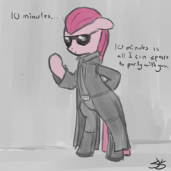 Size: 900x900 | Tagged: safe, artist:speccysy, pinkie pie, earth pony, pony, albert wesker, bipedal, clothes, cosplay, costume, crossover, female, floppy ears, mare, pinkamena diane pie, resident evil, resident evil 5, solo, sunglasses
