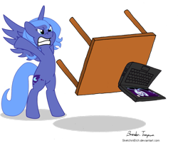 Size: 997x801 | Tagged: safe, artist:ambroise-dart, artist:sketchinetch, edit, princess luna, alicorn, pony, angry, bipedal, computer, glare, gritted teeth, laptop computer, rage quit, s1 luna, simple background, solo, spread wings, table flip, transparent background