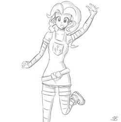 Size: 900x905 | Tagged: safe, artist:speccysy, pinkie pie, human, armpits, clothes, female, humanized, monochrome, running, socks, solo, striped socks