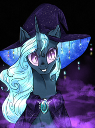 Size: 802x1080 | Tagged: safe, artist:not-ordinary-pony, derpibooru exclusive, derpibooru import, trixie, pony, unicorn, cape, clothes, corrupted, female, fog, hat, looking at you, mare, nightmare trixie, nightmarified, smiling, smirk, solo, witch hat