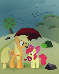 Size: 2364x2977 | Tagged: safe, artist:nazoth, apple bloom, applejack, earth pony, pony, high res, mouth hold, rain, umbrella, watering, watering can