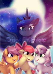 Size: 1136x1600 | Tagged: safe, artist:crispych0colate, apple bloom, princess luna, scootaloo, sweetie belle, alicorn, pony, cutie mark crusaders, watermark