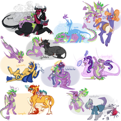 Size: 1500x1500 | Tagged: safe, artist:eqq_scremble, derpibooru exclusive, derpibooru import, flash sentry, frazzle rock, king sombra, lord tirek, maud pie, princess flurry heart, spike, star tracker, starlight glimmer, sunburst, trixie, alicorn, centaur, classical unicorn, donkey, dragon, earth pony, pegasus, pony, unicorn, and then spike was bi, bisexual, blaze (coat marking), book, cloven hooves, coat markings, colored wings, colored wingtips, crack shipping, curved horn, female, filly, fire, frazzlespike, gay, gem, glasses, glowing horn, leonine tail, magic, male, mare, maudspike, scroll, shipping, socks (coat marking), sparlight, spike gets all the mares, spike gets all the stallions, spikebra, spikesentry, spiketracker, spirek, spixie, stallion, straight, sunspike, unshorn fetlocks, winged spike