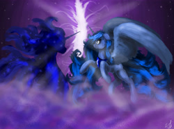 Size: 6490x4822 | Tagged: safe, artist:vinicius040598, princess luna, tantabus, alicorn, pony, do princesses dream of magic sheep, absurd resolution, fight, rearing, solo, spread wings