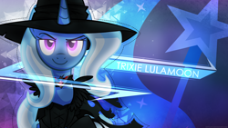 Size: 1920x1080 | Tagged: safe, artist:antylavx, artist:wolfjedisamuel, derpibooru import, trixie, pony, unicorn, alicorn amulet, cutie mark background, female, hat, solo, trickster, wallpaper, witch hat