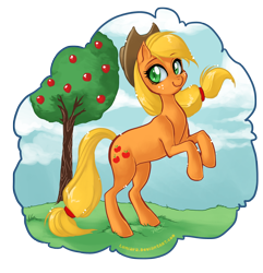 Size: 2400x2490 | Tagged: safe, artist:luniara, applejack, earth pony, pony, high res, rearing, solo, tree