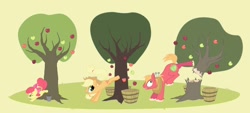 Size: 1600x720 | Tagged: safe, artist:justdayside, apple bloom, applejack, big macintosh, earth pony, pony, apple siblings, apple tree, applebucking, male, stallion, tree