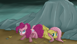 Size: 2000x1142 | Tagged: safe, artist:speccysy, fluttershy, pinkie pie, earth pony, pegasus, pony, feather, female, flutterpie, lesbian, mare, mountain, prone, protecting, shipping