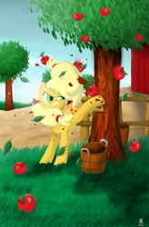 Size: 1000x1529 | Tagged: safe, artist:fuunsaik1, applejack, earth pony, pony, angry, apple, applebucking, solo, tree