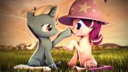 Size: 3840x2160 | Tagged: safe, artist:psfmer, derpibooru import, starlight glimmer, trixie, pony, unicorn, 3d, boop, clothes, cute, diatrixes, female, glimmerbetes, grass, grass field, hat, mare, mountain, raised hoof, sitting, smiling, source filmmaker, sunset, trixie's hat