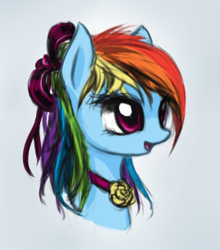 Size: 268x304 | Tagged: source needed, safe, artist:fajeh, rainbow dash, pegasus, pony, alternate hairstyle, bust, female, jewelry, looking to side, looking to the right, mare, necklace, open mouth, open smile, portrait, profile, simple background, smiling, solo, white background