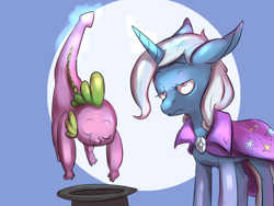 Size: 1280x960 | Tagged: safe, artist:imsokyo, derpibooru import, spike, trixie, dragon, annoyed, daily sleeping spike, inconvenient, inconvenient spike, inconvenient trixie, role reversal, sleeping, trixie is not amused, unamused