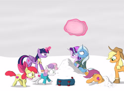 Size: 4826x3600 | Tagged: safe, artist:theravencriss, derpibooru import, apple bloom, applejack, scootaloo, starlight glimmer, sweetie belle, trixie, twilight sparkle, twilight sparkle (alicorn), alicorn, earth pony, pegasus, pony, unicorn, accident, boots, clothes, crash, cutie mark crusaders, disproportionate retribution, female, filly, magic, mare, scarf, scootacrash, scooter, sheepish grin, shoes, shrunken pupils, snow, snowball, snowball fight, stuck, telekinesis