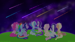 Size: 3840x2160 | Tagged: safe, artist:kitkatyj, derpibooru import, applejack, fluttershy, pinkie pie, rainbow dash, rarity, starlight glimmer, trixie, twilight sparkle, twilight sparkle (alicorn), alicorn, earth pony, pegasus, pony, unicorn, cowboy hat, female, hat, hooves, horn, lineless, mare, night, night sky, shooting star, sitting, sky, spread wings, stars, wings