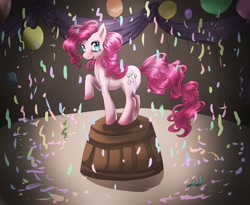 Size: 2200x1800 | Tagged: safe, artist:dream--chan, pinkie pie, earth pony, pony, balloon, confetti, female, mare, raised hoof, smiling, solo