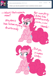 Size: 650x922 | Tagged: safe, artist:lance, pinkie pie, earth pony, pony, annoyed, ask, comic, female, mare, pinkie pie replies, simple background, sitting, solo, white background