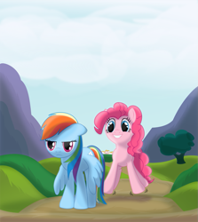 Size: 891x1000 | Tagged: safe, artist:ctb-36, pinkie pie, rainbow dash, earth pony, pegasus, pony, annoyed, bouncing, duo, duo female, female, grin, mare, ponyville, rainbow dash is not amused, so fucking happy, unamused